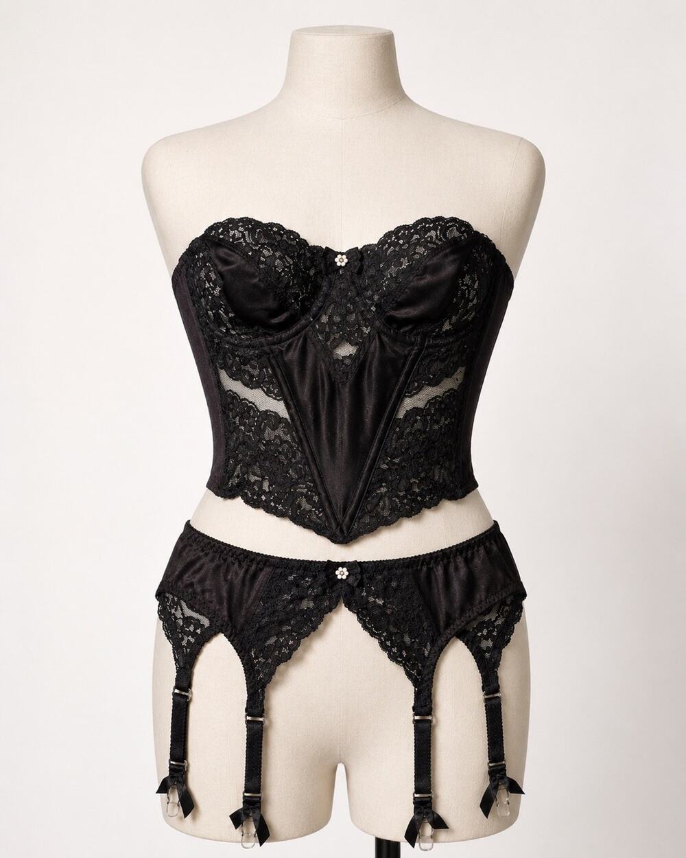 Vintage Christian Dior Black Lace Bustier 36C Garter Belt Lingerie Set 4975 GUC